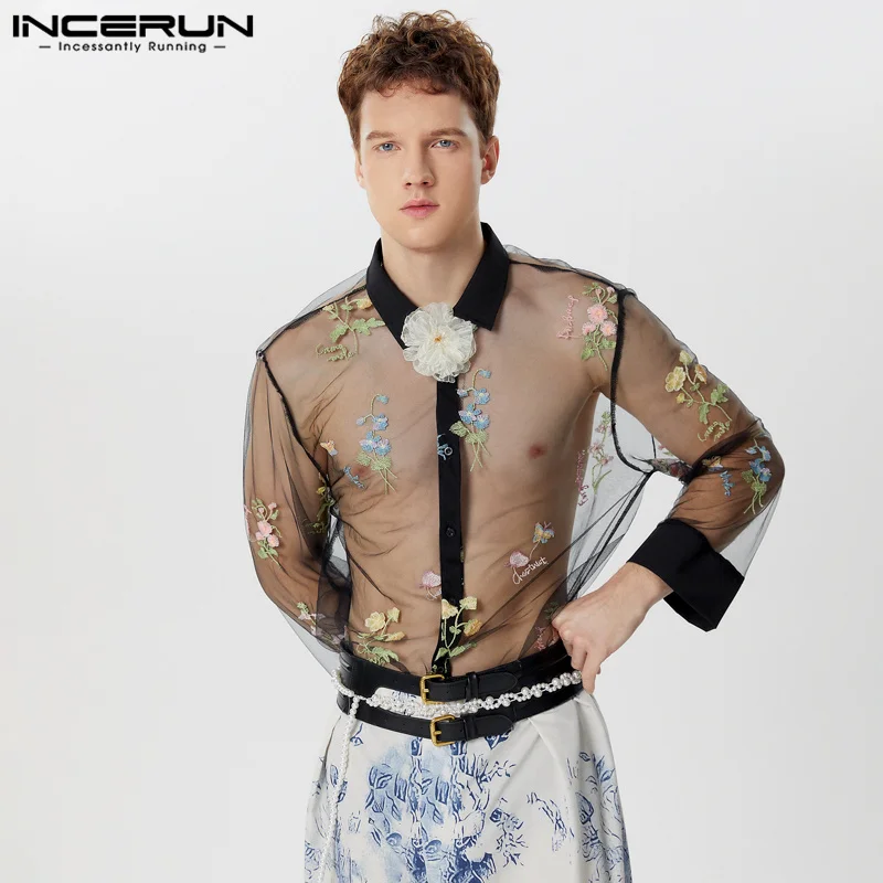 INCERUN Tops 2024 American Style Sexy Men Perspective Jacquard Lace Design Shirts Casual Clubwear Thin Long Sleeved Blouse S-5XL