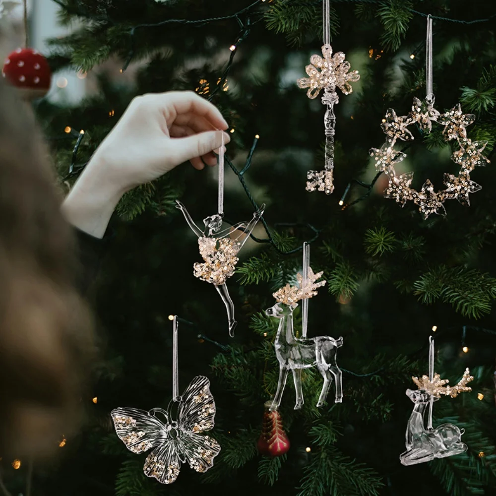 Christmas Crystal Clear Acrylic Snowflake Butterfly Key Pendant Xmas Tree Ornaments Christmas Decoration For Home Navidad Noel