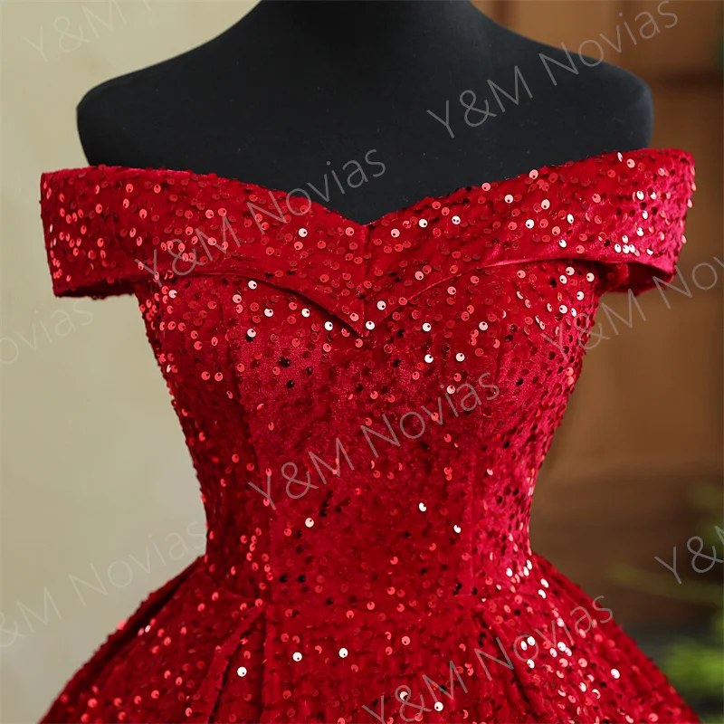 Y&M Novias Custom Plus Size Luxury Sequins Bow Off Shoulder Dark Red Quinceanera Dresses 15 Ball Gown For Party Vestido De Noiva