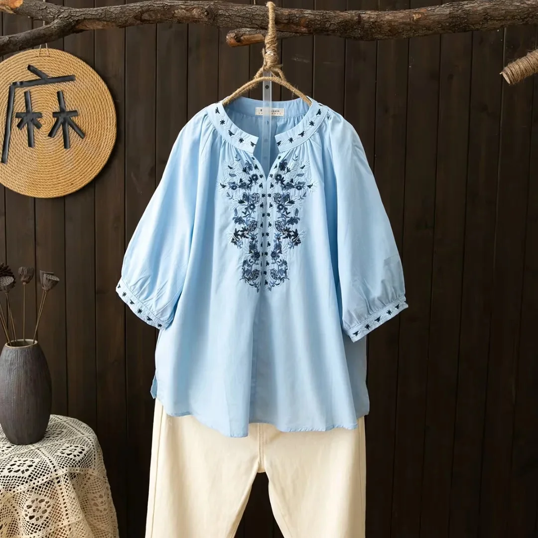 Women Summer Blouse Ethnic Style Retro Literature Loose Embroidered Cotton V Neck Pullover Shirt Large Size Top