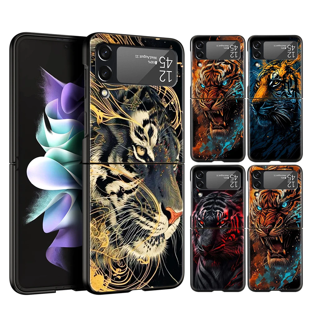 Cartoon Tiger Hard PC Phone Case For Samsung Galaxy Z Flip 4 5 Black Cover For Galaxy Z Flip 3 Foldable Shockproof Cases Capas