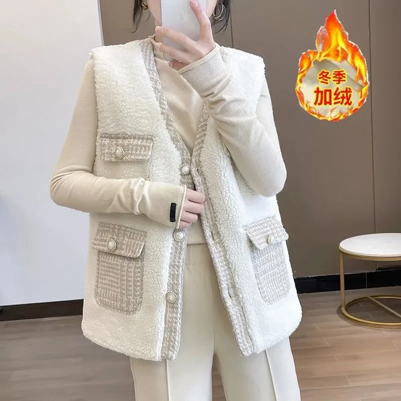 Damska pluszowa kamizelka z jagnięciny, płaszcz, nowa kolekcja jesień-zima 2025, koreańska pluszowa kurtka, uniwersalna damska kamizelka, kardigan, odzież wierzchnia.