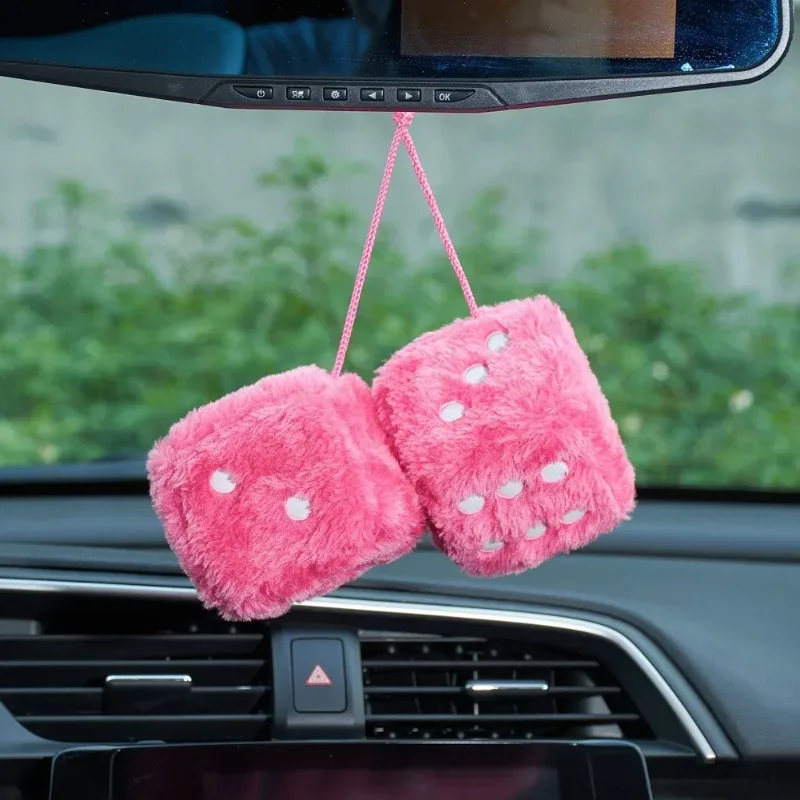 Fuzzy Plush Dice with Dots Retro Square Plush Hanging Mirror Fuzzy Dices Kid Toys for Pink Car Interior Ornament Decoration