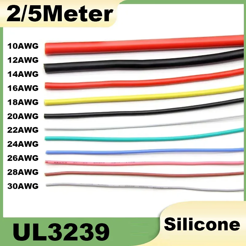2/5Meter UL3239 Silicone Wire Tinned Copper 30 28 26 24 22 20 18 16 14 12 AWG 3KV DIY LED Electronic Cable