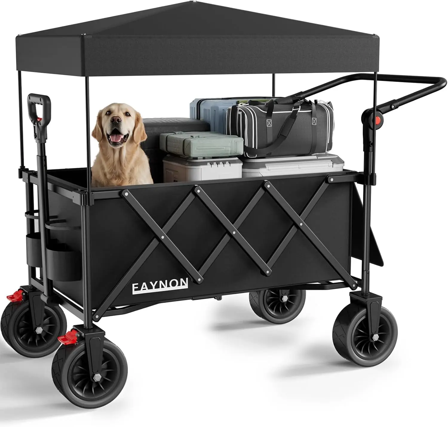 Black 3 in 1 Collapsible Wagon for Beach, with 300lbs Weight Capacity, 150L Heavy Duty, Removable Canopy and Drink Holders