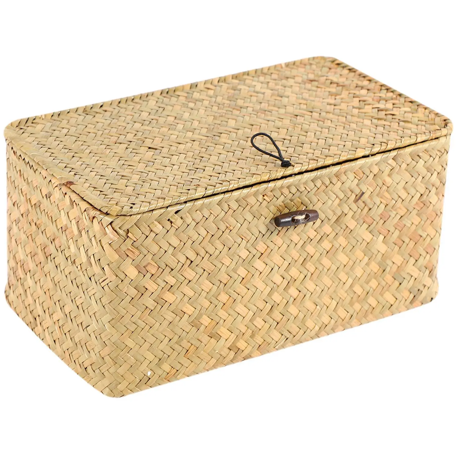 Handmade Straw Woven Storage Basket with Lid Makeup Organizer Storage Box Seagrass Laundry Baskets Rattan Jewelry Box(S)