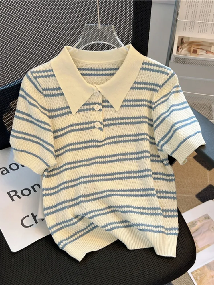 

2026 Summer Striped Knit Polo T-Shirt Women's Slim Fit Short Sleeve Top Fashion Casual Button Tee