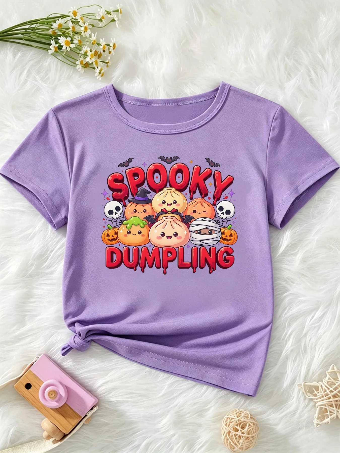 Kawaii Spooky Dumpling Pumpkin Skull Bats Printed T Shirt Girls/Boys Funny Kids Clothes Halloween Gift T-Shirt White T-Shirt