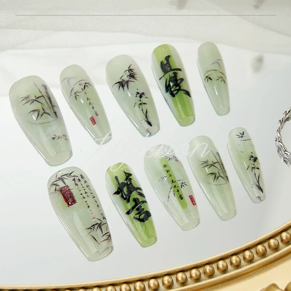 10 STKS Chinese Bamboe Lange Druk op Nagels Poëzie Schilderen Ontwerp Nep Nagels Set Herbruikbare Volledige Dekking Acryl Nagels Kunst voor Vrouwen