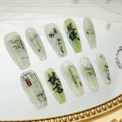 10 Pièces Ongles Faux en Bambou Chinois avec Motifs de Peinture Poétique Ensemble d'Ongles en Acrylique Réutilisables Couverture Complète pour Femmes