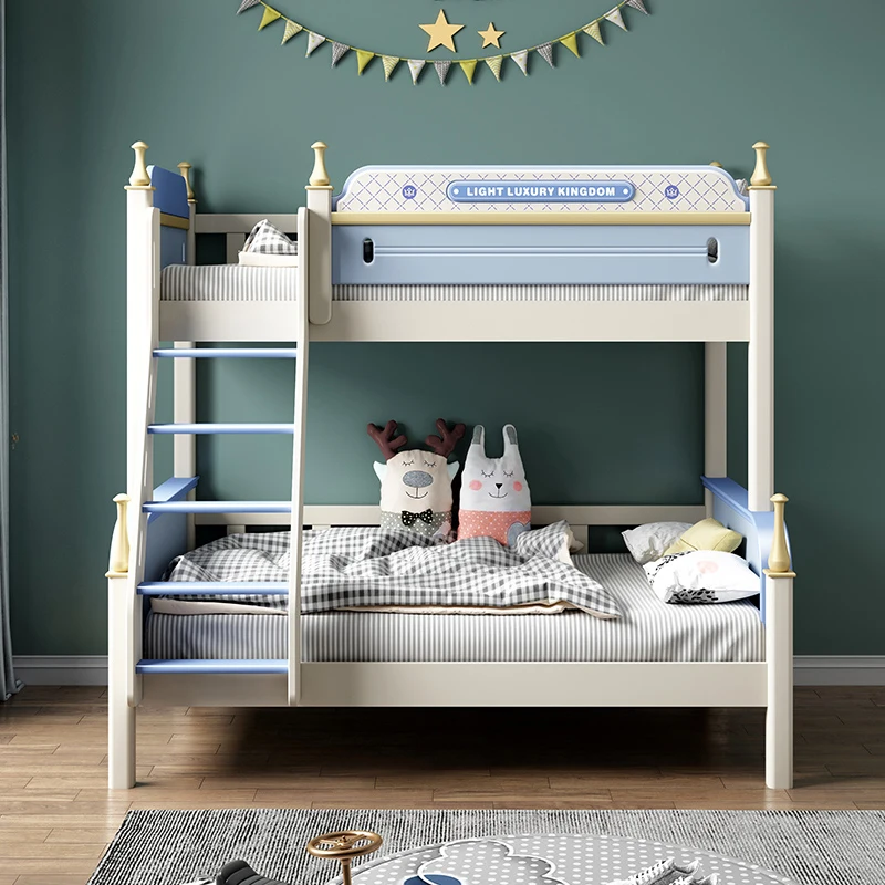 Tempat tidur kayu karet anak-anak, tempat tidur Modern tempat tidur ganda dengan selip untuk anak-anak