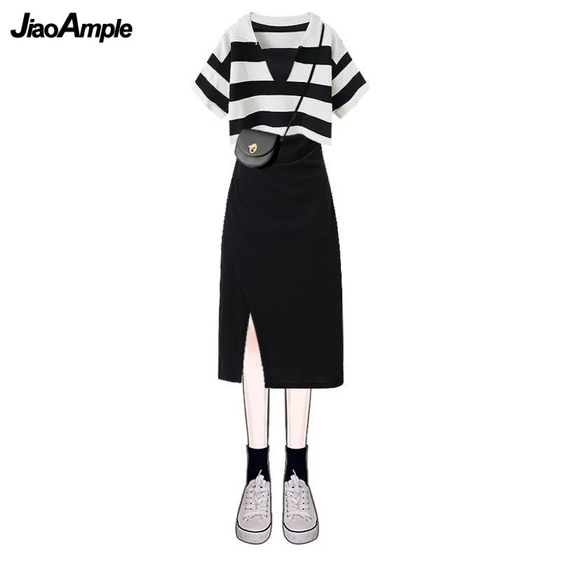 Women\'s Summer Dress Matching Set Korean Vintage Knitted Short Sleeve Stripe Top Strap Skirt Two Piece Female Chic Blouse Suit