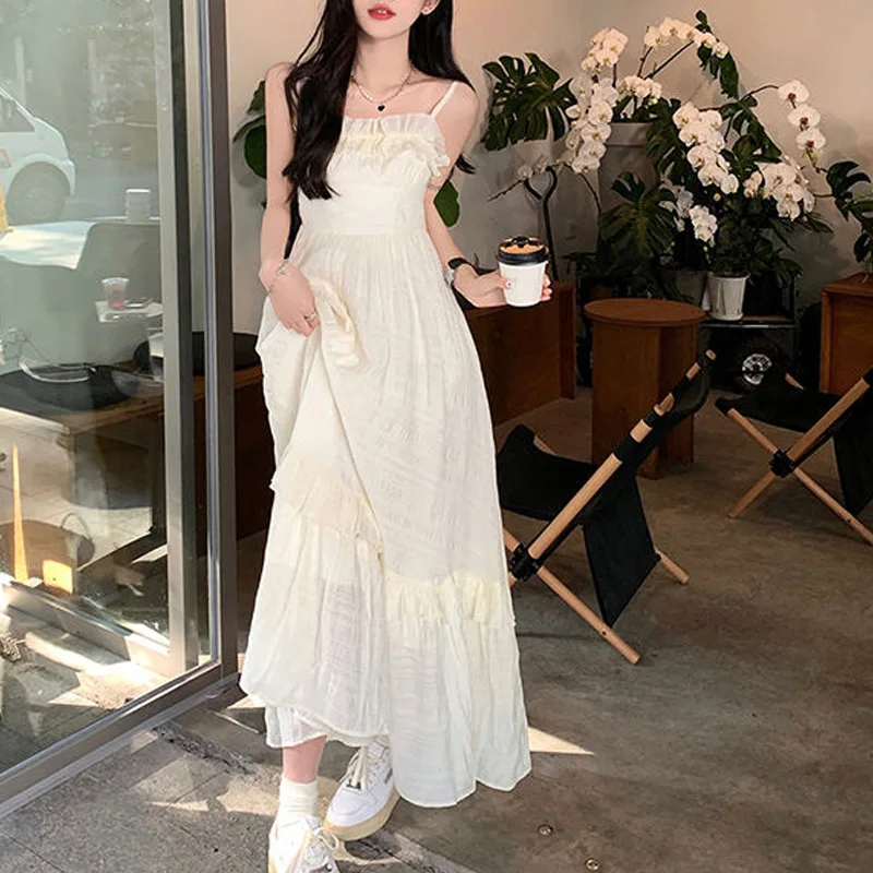 

Women's Dresses Camisole Ruffles Sleeveless A-line Long Sundress Solid Color Off Shoulder Fashion Leisure French Style 2024