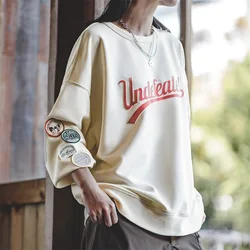 Maden Women's Oversized Sweatshirt Color Block Letter Print Long Sleeve Pullover Beige Casual Top For Spring Autuumn