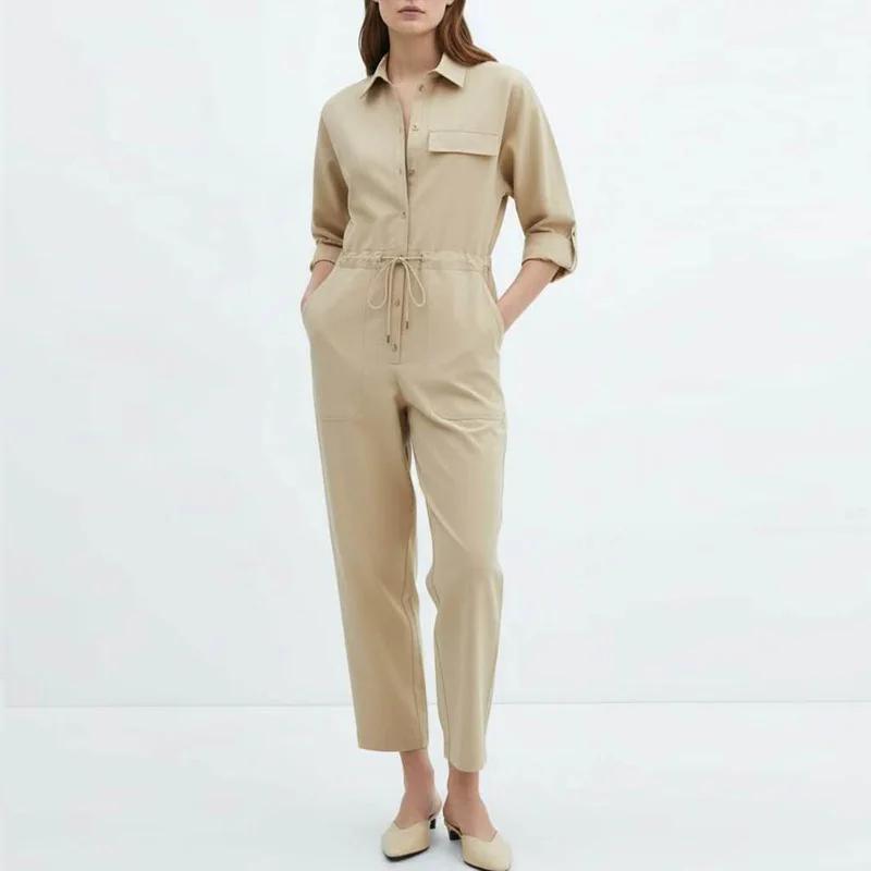 

Женские хлопковые комбинезоны с высокой талией и длинными рукавами, прямые брюки-кюлоты на весну-осень, тонкая ткань, для повседневной носки