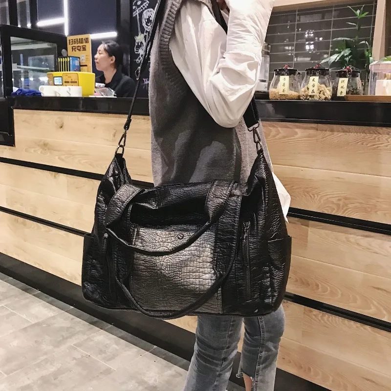Handbag Shoulder Crossbody Tote Retro PU Crocodile Lines Large Capacity Casual Travel Bag Personality Trendy Shopping All-match