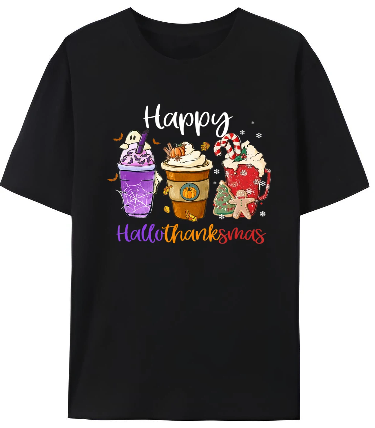 

Happy Hallothanksmas Halloween Thanksgiving Christmas Mens Oversized T-Shirt Funny Design Printed Tees