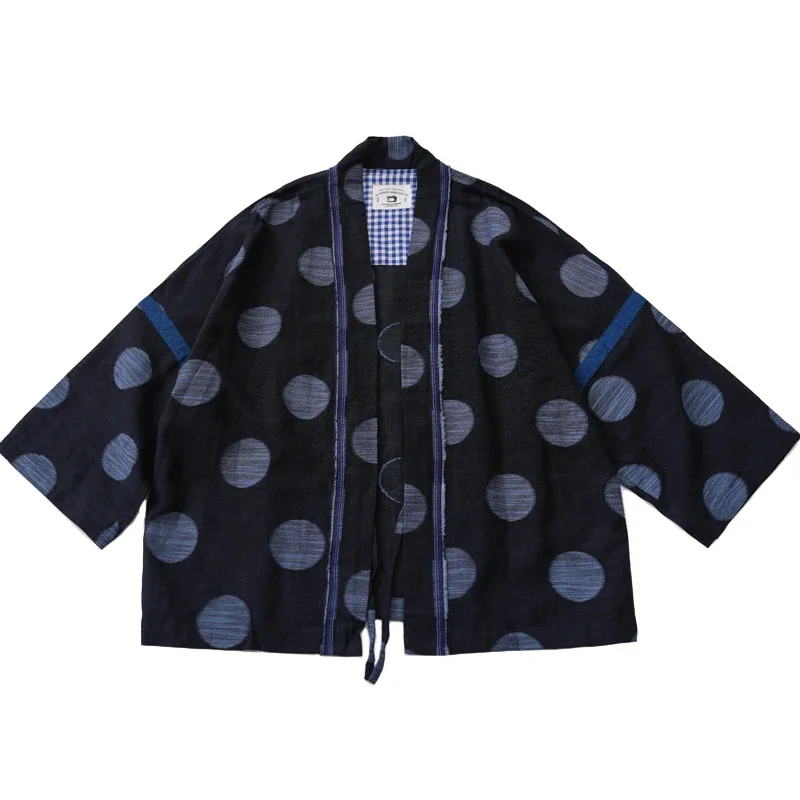 

Japanese Retro Men's Spring/summer Embroidery Coats Loose Cotton Linen Half Sleeve Colored Woven Polka Dot Robe Jacket