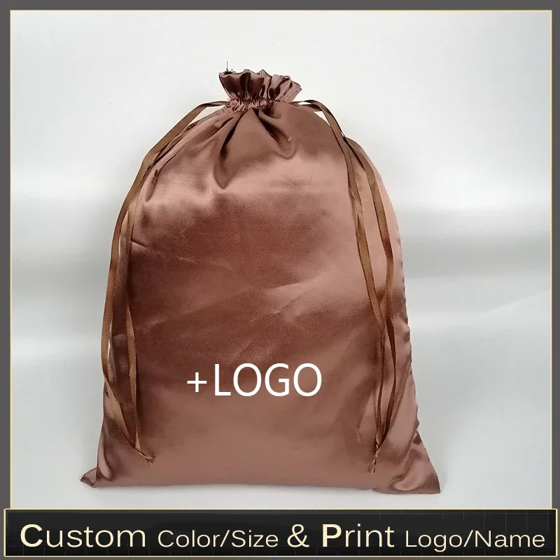 

50PCS Custom Logo Ribbon Satin Hair Bag Virgin Hair Extensions Wig/Cosmetic Tools/Bikini/Shoes/Clothes Drawstring Packaging Bag
