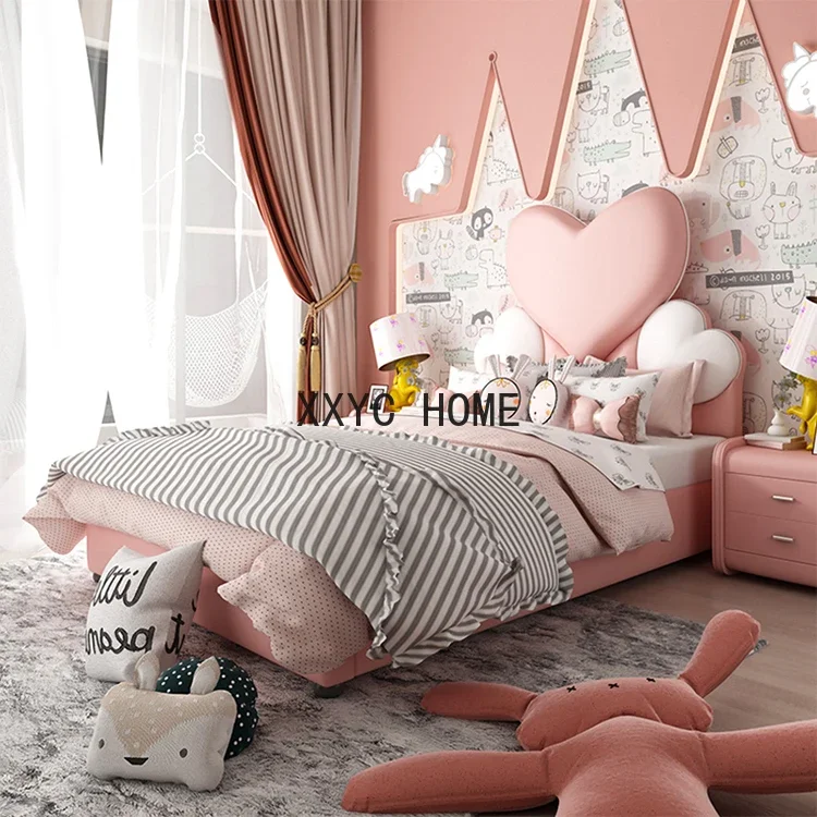 Leather Girl and Boys Modern Pink King Size Solid Wood Kid Beds Frame Room Furnitures Set Design for Kids