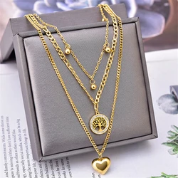 316L Stainless Steel New Fashion Jewelry 3-Layer Heart Shaped Zircon Life Tree Charm Chain Choker Necklaces Pendants For Women