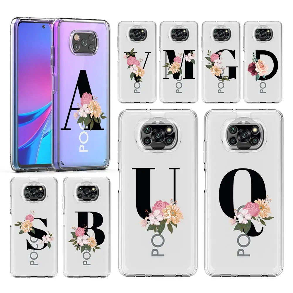 Coque de téléphone pour Xiaomi Pheadphones, X6 X5 NDavid Bery F6 F5 Pro F4 F3 M3 14 13T 12T 12 13 Lite 11 Mi 5G Clear Cover Flower Letters S