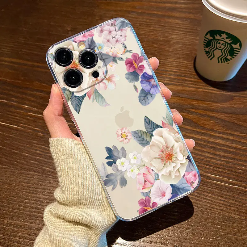 Ancient Style Flowers Clear Phone Case For iPhone 16 15 14 13 12 Mini 11 Pro Max XR X XS 14 15 7 8 Plus Y2K Soft Fundas Cover