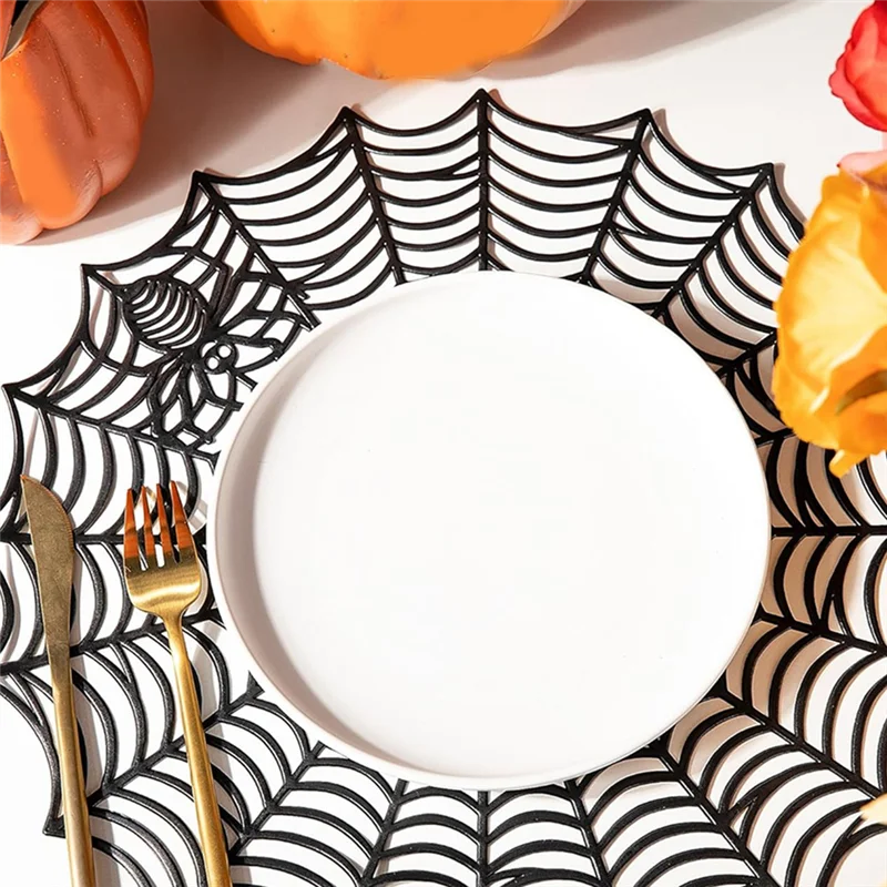 ABKJ-12Pcs 15Inch Halloween Spider Web Placemats 3.94Inch Cup Mat Halloween Placemats Spider Web Table Mats