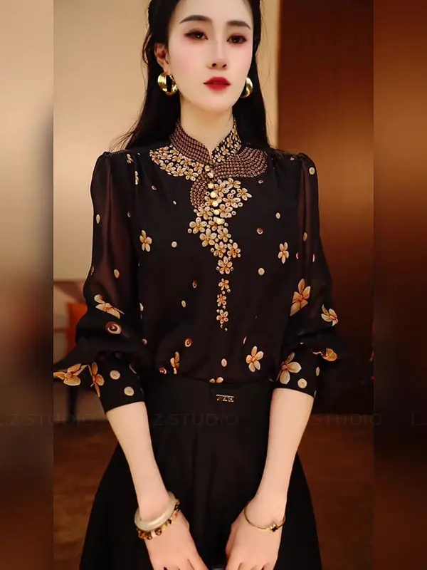 Outono inverno elegante único impressão gola manga longa blusa camisas de manga longa para mulheres estilo coreano chique senhora topos