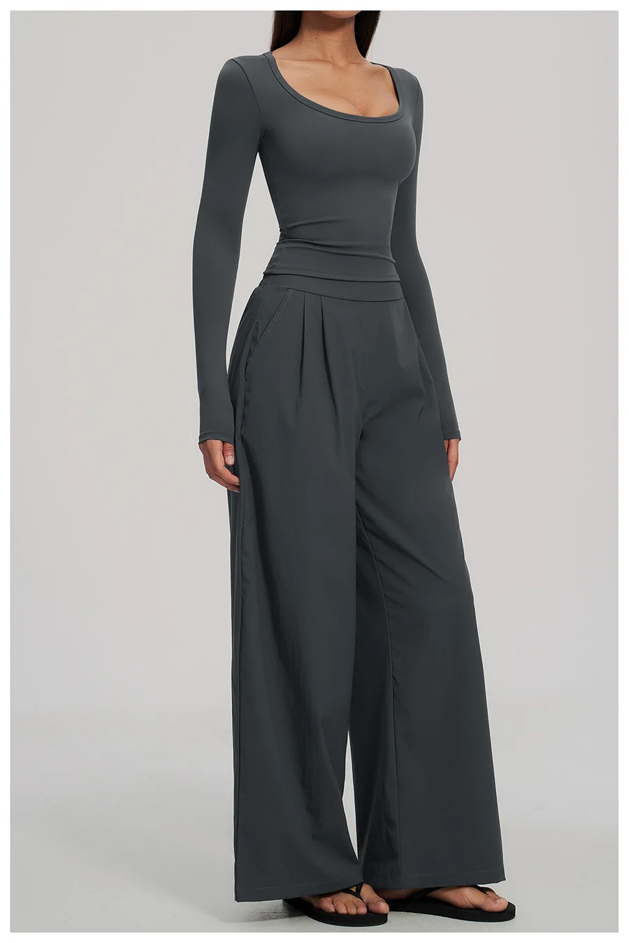 2-teiliges Yoga-Set für Damen, Langarm-Fitness-Oberteil, Trainingsanzug, Sportbekleidung, High-Waist-Hose mit geradem Bein, Fitness-Sportanzug – Detail 22