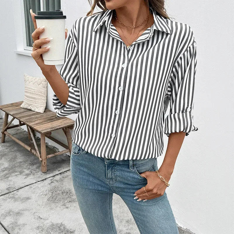 

Lapel Cardigan Long Sleeve Single-breasted Shirt Fashionable Casual Ladies Autumn Clothing Casual Striped