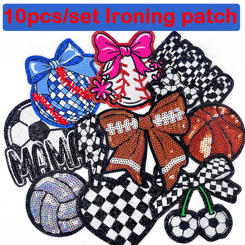 New Mini Football Basketball Ironing Patches Cute Cartoon Bows Sequins Embroidered Fabric Sticker Hats Team Uniforms Accessories