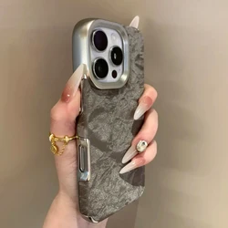 Titanium gray glacial pattern leather phone case for iPhone 16 15 14 13 12 11 Pro Max full shockproof plating hard back cover