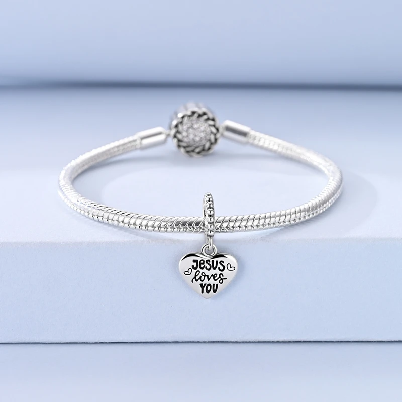 Original 925 Sterling Silver Charm Bead Heart Shape Jesus Pendant Fit Original Bracelet Necklace For Women DIY Jewelry Gift