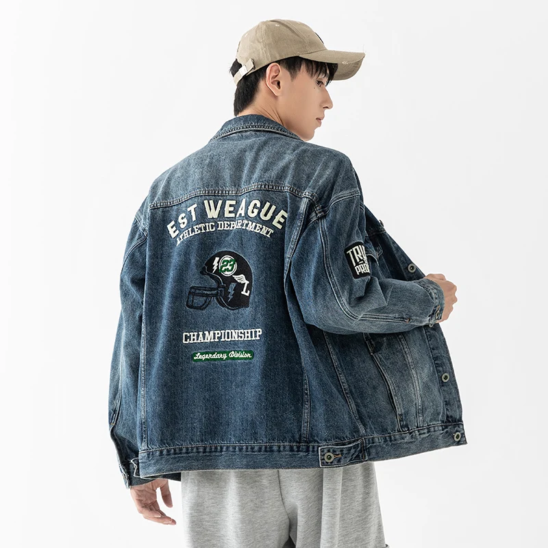 

Retro American Embroidered Denim Jaet for Men Casual Square Collar Motorcycle Jaet Loose Fit Autumn Winter Faion Brand