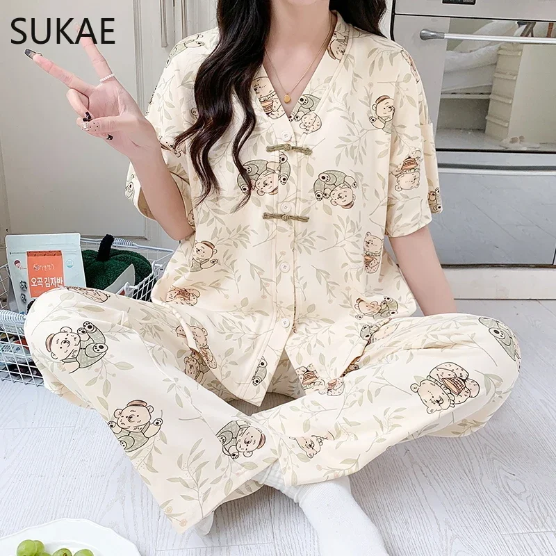 SUKAE Women Pajamas Set Summer Faux Cotton Sleepwear for Girl Leisure New Chinese Style V-neck Lady Pijama Chic Floral Nightwear