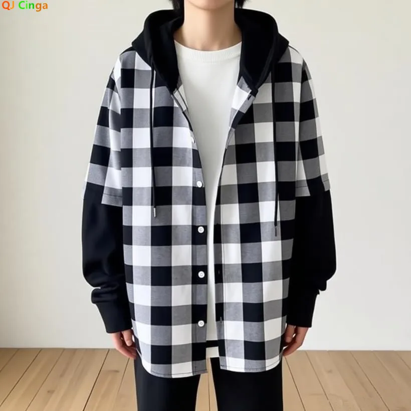 2026 Men's Black Long Sleeve Hooded Shirts, White Single Breasted Plaid Shirt, European Size S-XXL, 2027 New