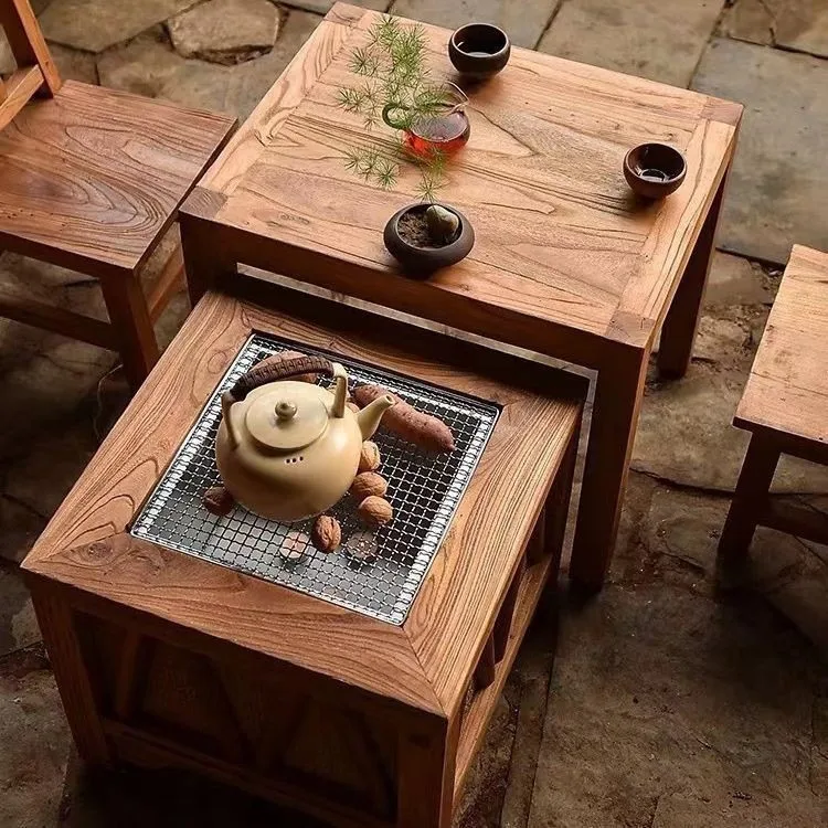 

#Modern round solid wood enclosed coffee table, suitable for use in commercial restaurants with carbon stoves, barbecue and hot