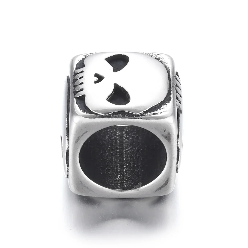 Stainless Steel Skull Square Bead Polished 8mm Large Hole Beads Metal Slide Charm Accessories DIY Bracelet Jewelry Making