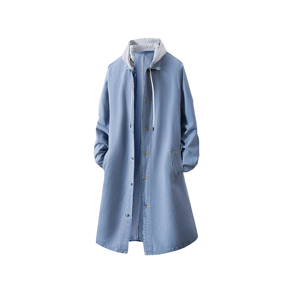 Gabardina Larga de Algodón para Hombre, Primavera-Otoño, con Capucha, Estilo Denim, Chaqueta Cortavientos con Capucha Desmontable, Ropa de Calle Masculina, Tendencia Chic