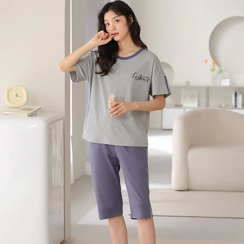 Terbaru M-4XL Set Piyama Wanita 100% Katun Pakaian Tidur Wanita Padat Lengan Pendek Perempuan Santai Kasual Pakaian Rumah