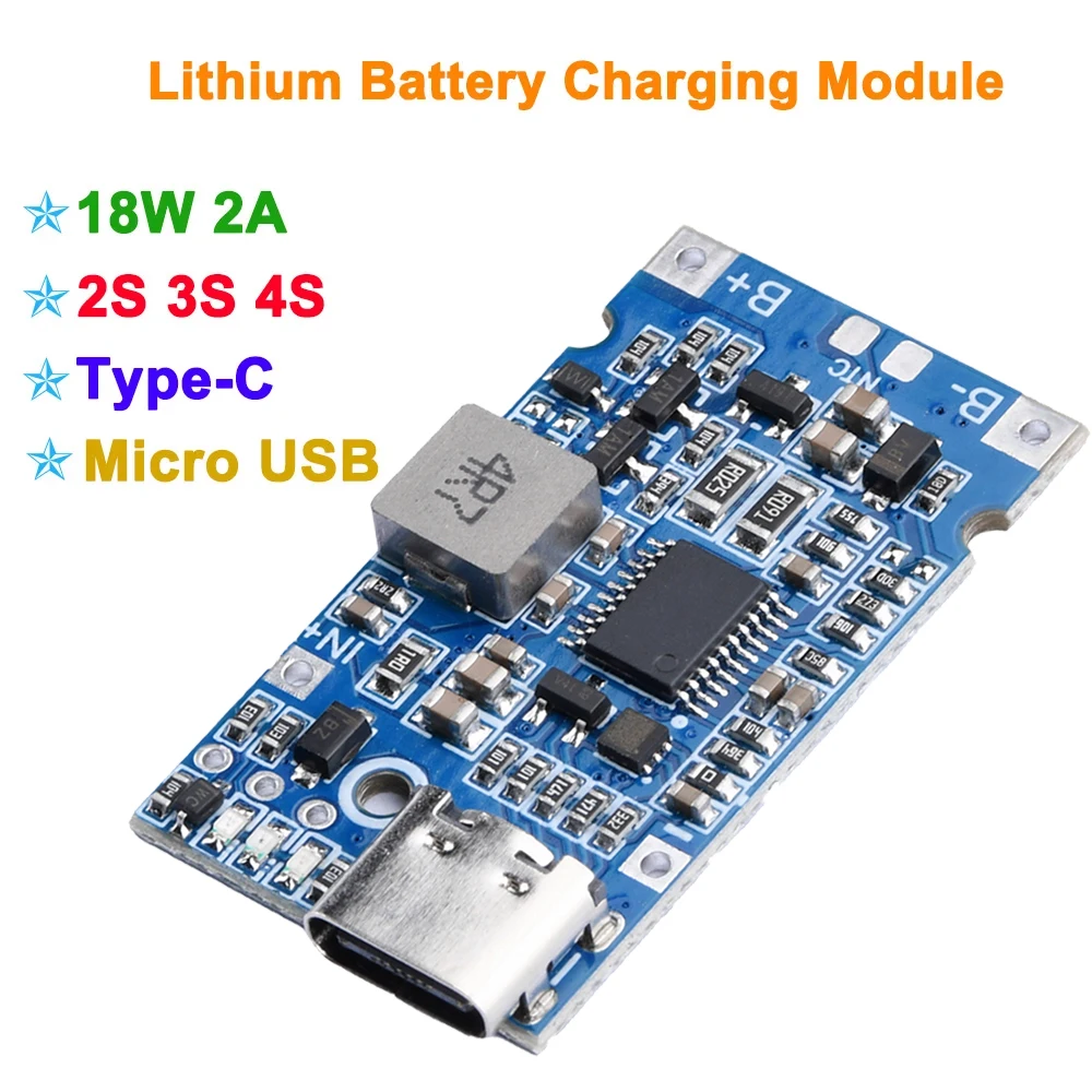 Módulo de carregamento da bateria de lítio, QC Fast Charge Board, tipo C, 2S, 3S, 4S, BMS, 4.5V-15V, 18W, 2A