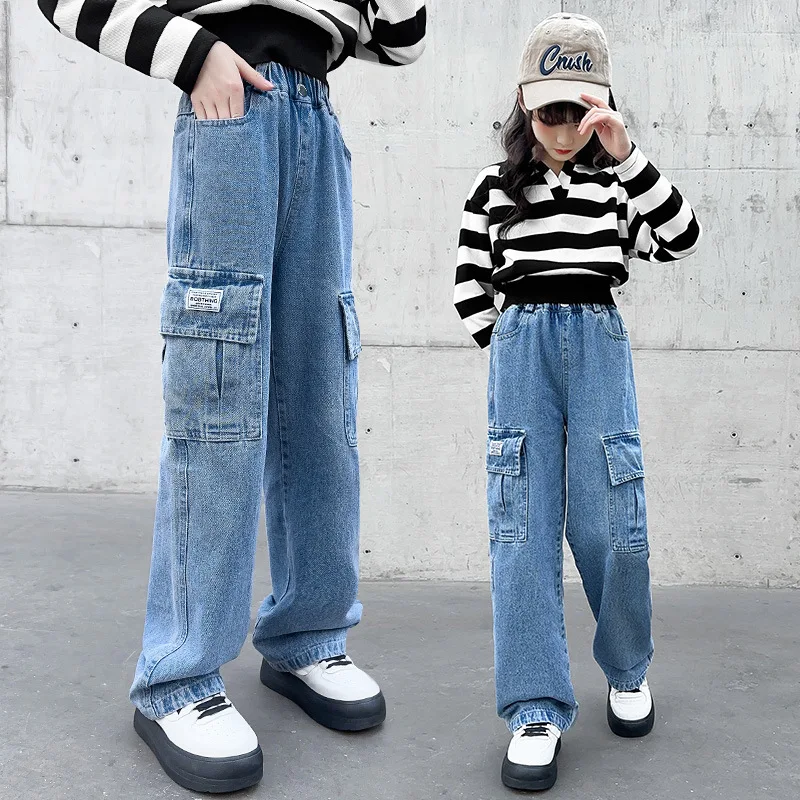 

Girls Trousers 2024 New Autumn Girls New Tooling Denim Wide-leg Pants Children Autumn Korean Version Slacks Simple Casual