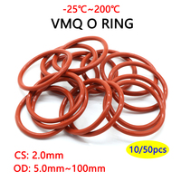 10/50Pcs Food Grade VMQ O Ring Gasket CS 2mm OD 5 ~ 100mm Waterproof Washer Round O Shape Rubber Silicone Ring Red