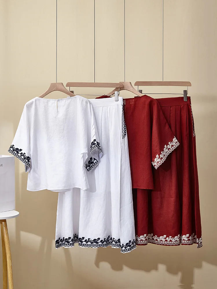 Summer New Shirt Suit Loose Heavy Embroidery Linen Skirt Short Sleeve Versatile Two-Piece Suit For Women