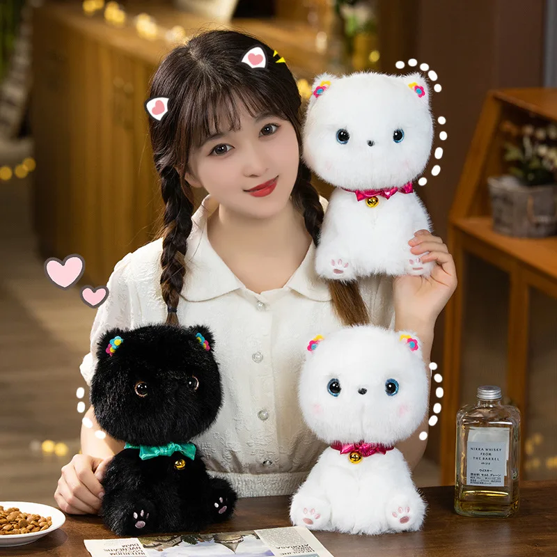 

25cm Lovely Black White Cat Plushies Doll Soft Stuffed Animal Lifelike Pet Kitten with Bells Plush Toys Home Decor for Girl Gift