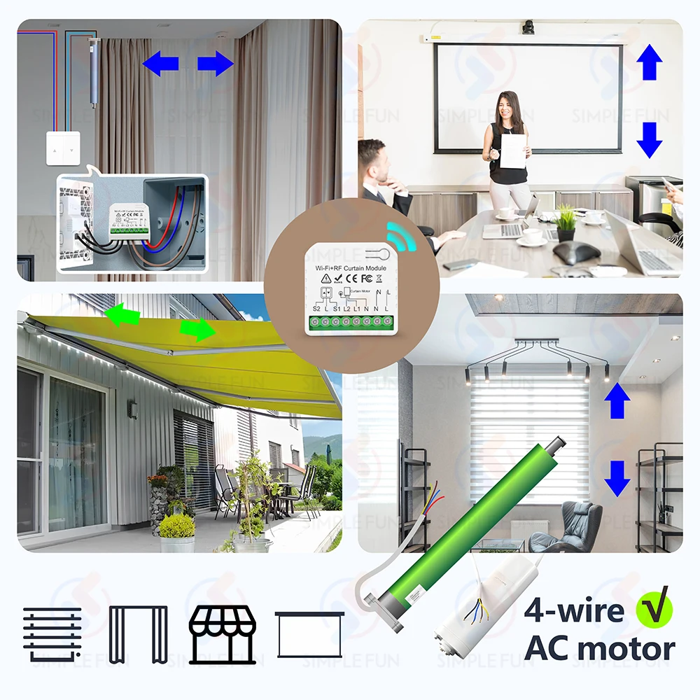 Wireless Curtain Roller Shutter Switch Tuya,WiFi RF Smart Module for Blinds Awning,5-in-1 Remote,Work with Alexa Google Home