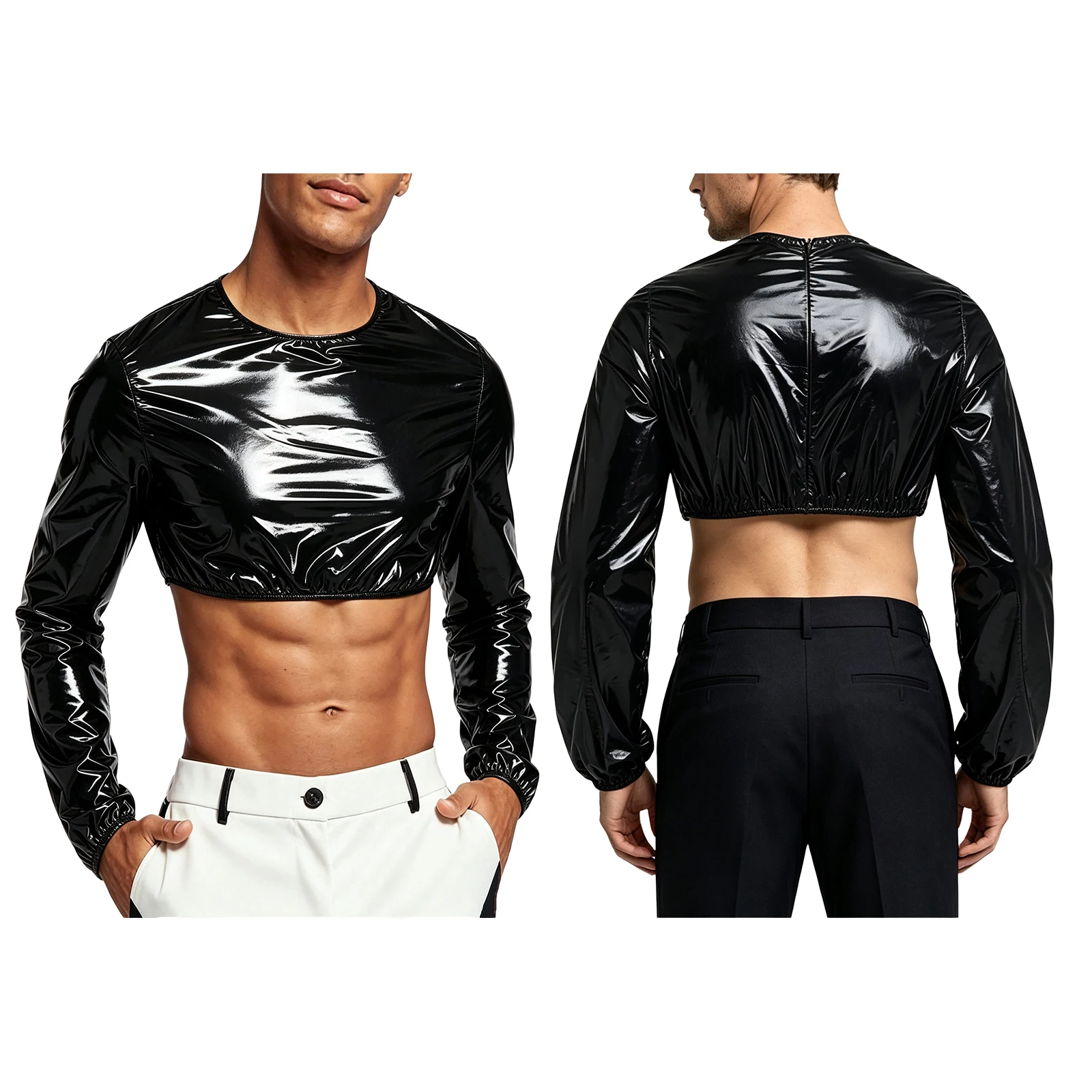 Mens Shiny Waterproof Crop Tops Sweat Training Sauna Top Glossy Long Sleeve Tee Crew Neck T-Shirts Carnival Club Wear Nightwear