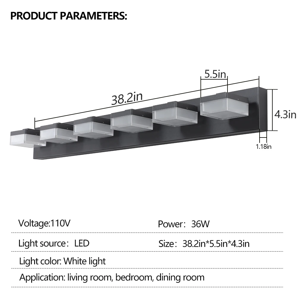 Moderne 6-lichts zwarte LED make-upspiegellamp voor badkamers en make-uptafels