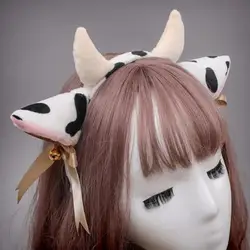 Women Hairband Handmade Plush Women's Halloween Hairband with Milk Cow Ear Design Bowknot Ribbon Bell Decor Cosplay Headband